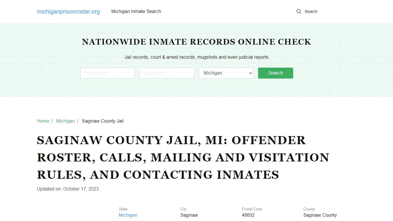 Saginaw County Jail, MI: Inmate Search, Visitation & Contact Info